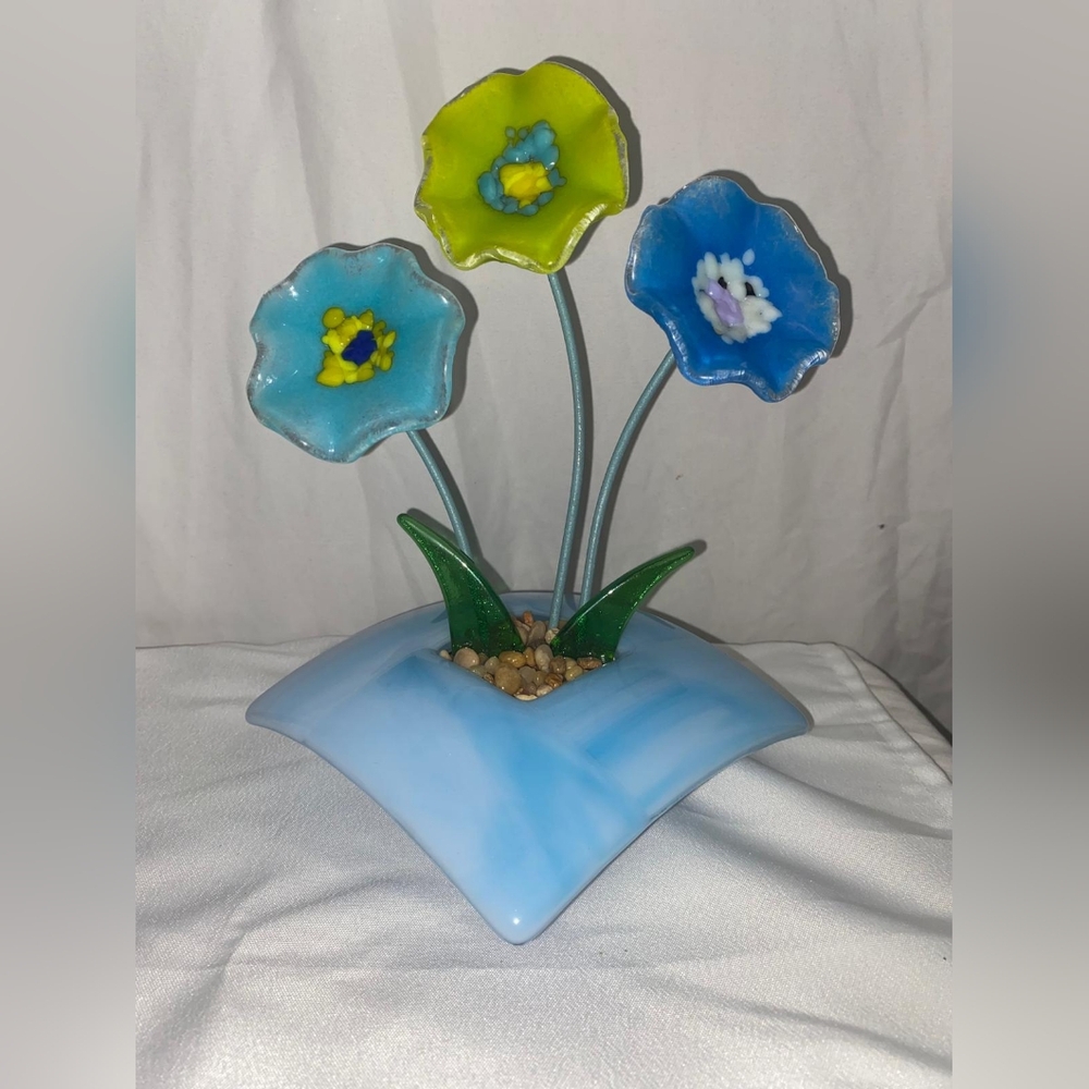 Handmade Fused Glass Ikebana Blue Vase with 3 Glass Flowers Discountinued